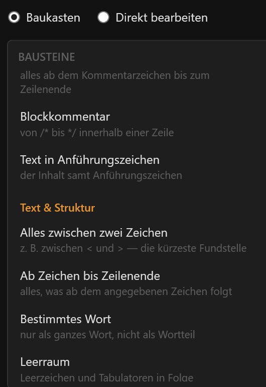 Vorlagen-Leiste und Regelsatz-Auswahl im Regex-Filter-Fenster
