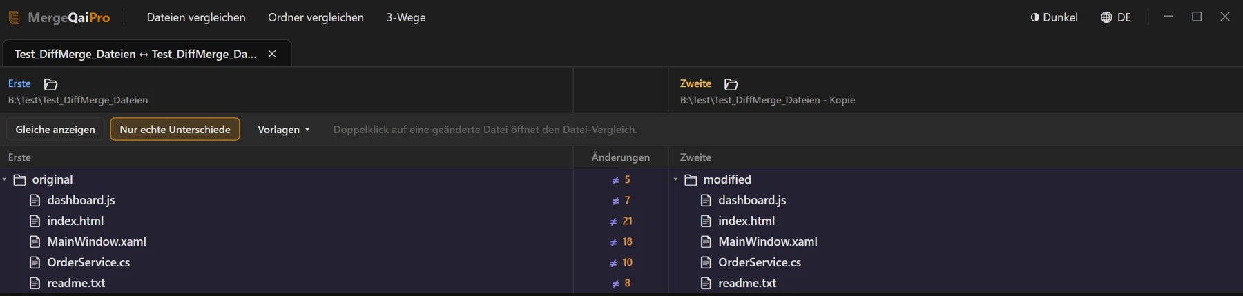 Ordner-Vergleich mit den Spalten Erste, Änderungen und Zweite