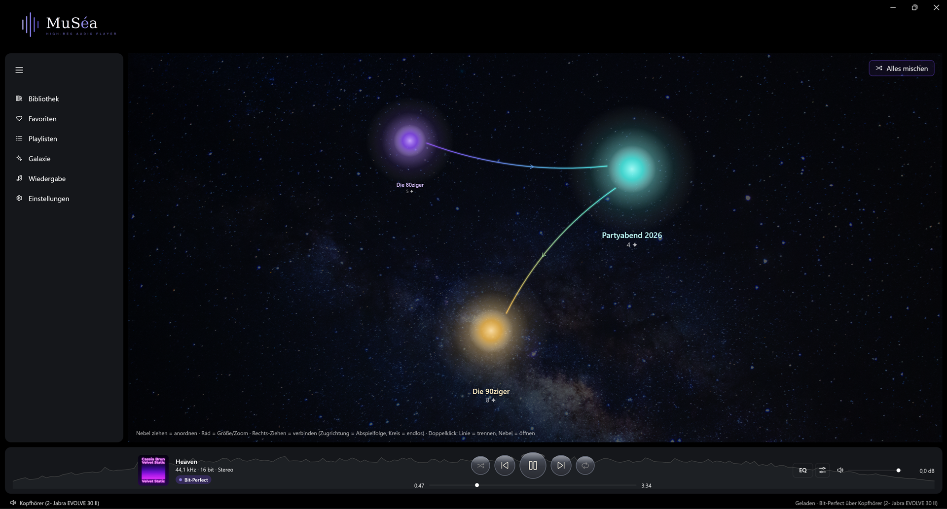 Zum Vergrößern klicken MuSéa Galaxien – Playlisten als leuchtende Nebel im Sternenfeld